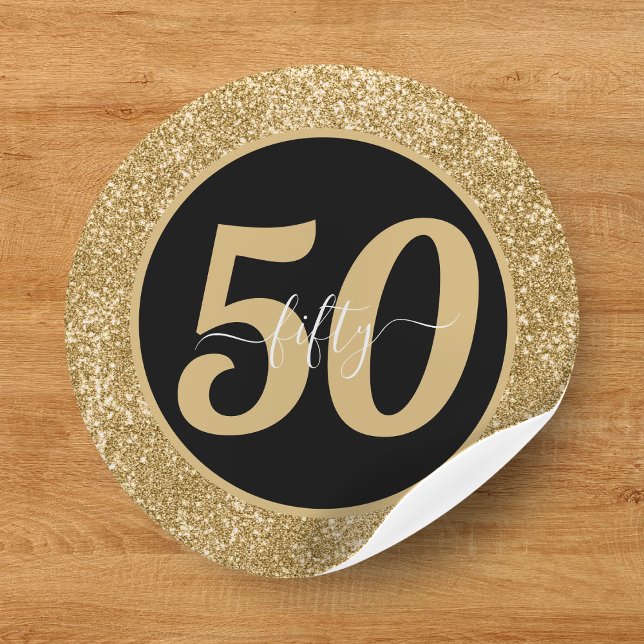 Adesivo Glitter Preto e Dourado 50 Anos 50 Anos 50. Aniver (Black & Gold Glitter 50 Fifty Years 50th Birthday Classic Round Sticker
)