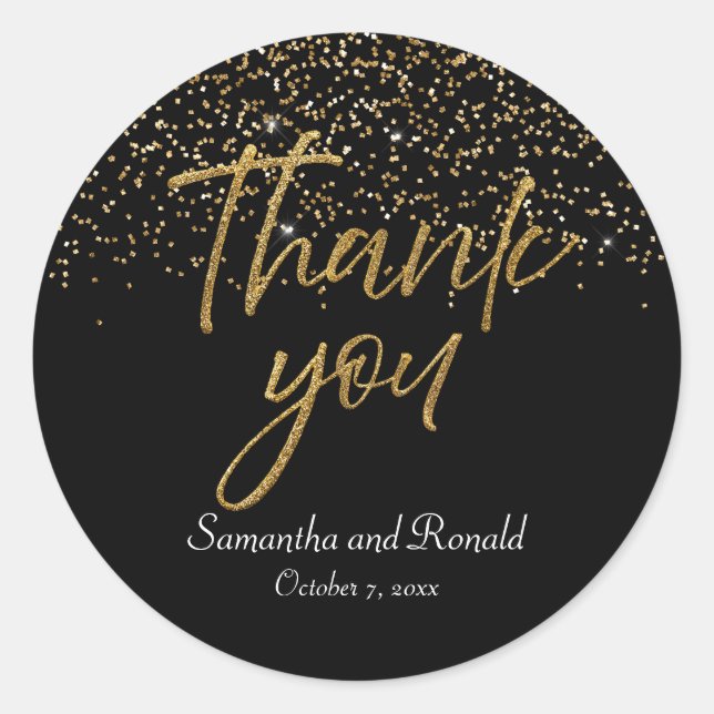 Adesivo Glitter Preto e Dourado Obrigado Casamento (Frente)
