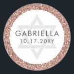 Adesivo Glitter Rosa Bat Mitzvah Rosa Dourado<br><div class="desc">Rosa de chic com brilho dourado e texto moderno de cinza com a Estrela de David em um adesivo projetado para convites Bat Mitzvah e etiquetas de favor, com nome personalizado e data de festa. Papel de coordenação e decoração disponível nas Coleções de Largura Rosa Dourada com Rosa de Grama...</div>