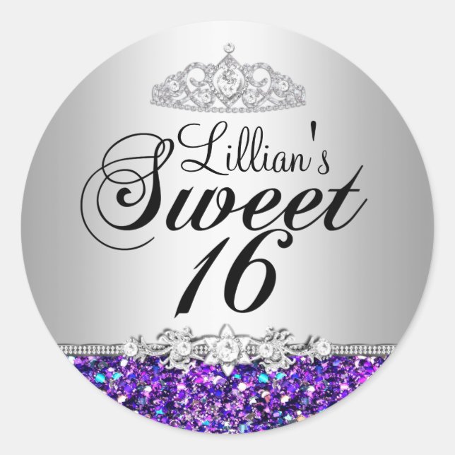 Adesivo Glitter roxo e Diamond Tiara Sweet 16 Sticker (Frente)