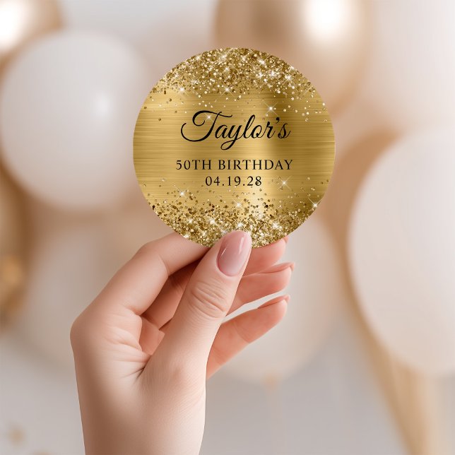 Adesivo Glittery Gold Foil 50th Birthday (Glittery Gold Foil 50th Birthday Classic Round Sticker)