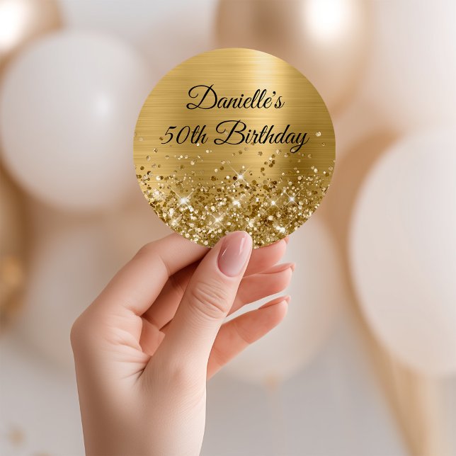 Adesivo Glittery Gold Foil 50th Birthday (Glittery Gold Foil 50th Birthday Classic Round Sticker)