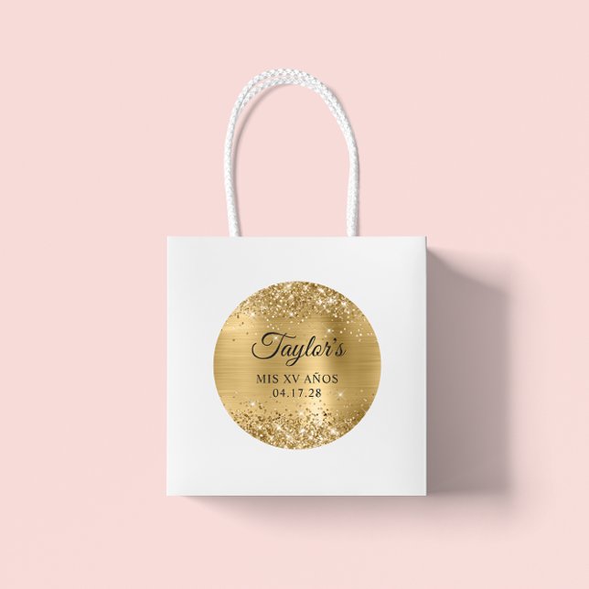 Adesivo Glittery Gold Foil Mis XV Anos Aniversário (Glittery Gold Foil Mis XV Anos Birthday Classic Big Round Favor Stickers)