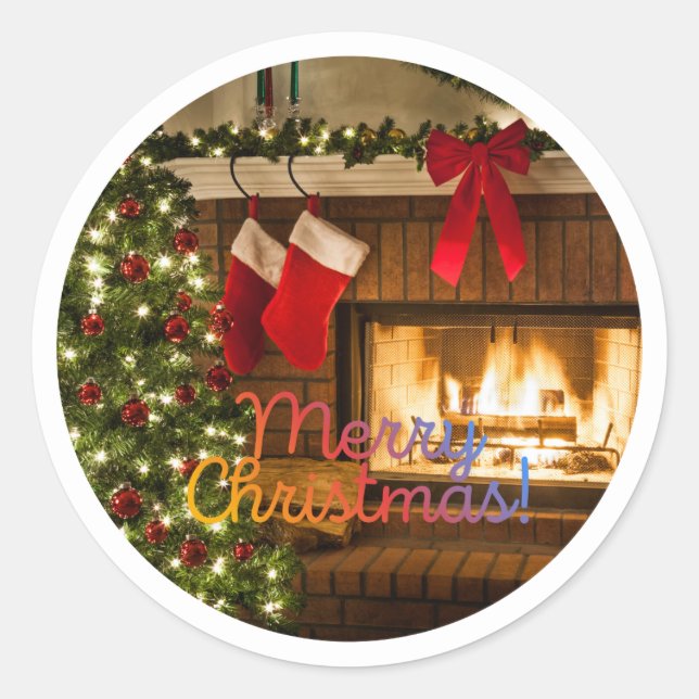 Adesivo Glowing Christmas Tree and Fireplace Round Sticker (Frente)