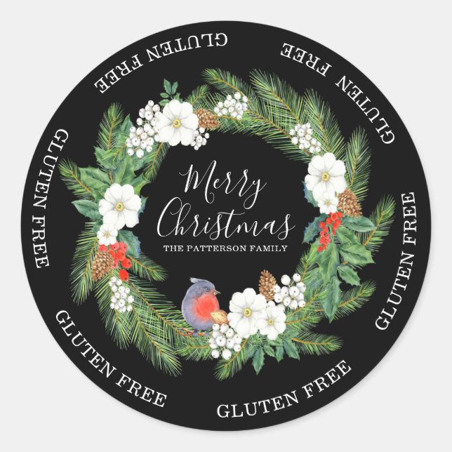 Adesivo Gluten Free Merry Christmas Floral Wreath Name (Frente)