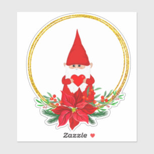 Adesivo Gnome de Natal & Poinsettia em Círculos Dourados 