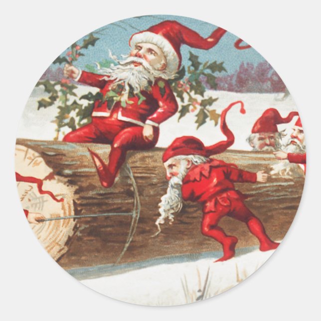 Adesivo Gnomes dragging a cut tree trunk through the snow (Frente)