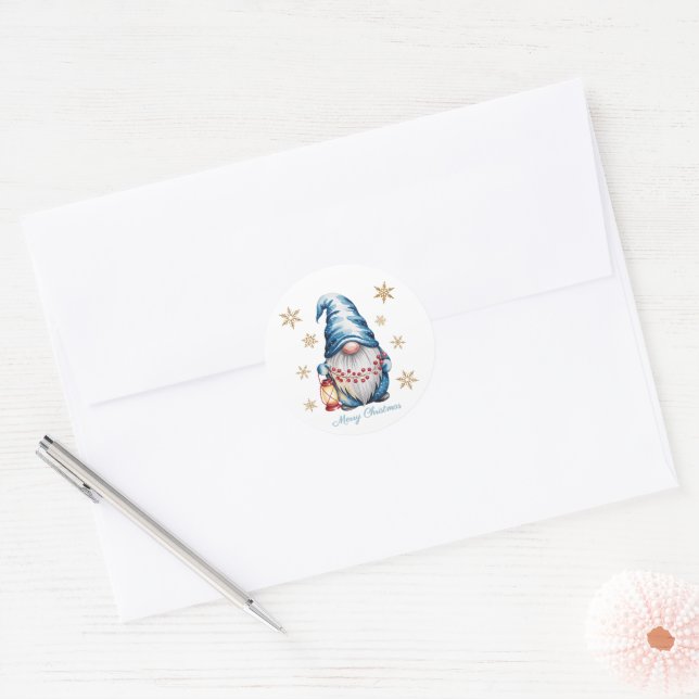 Adesivo Gnomo de Natal Azul com Lanterna Vermelha e Frutas (Envelope)