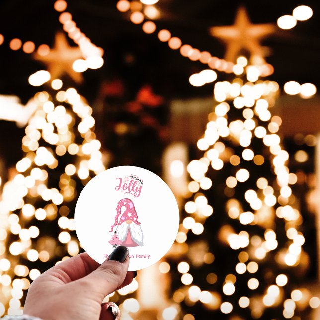 Adesivo Gnomo de Natal Cor-de-Rosa Alegre (Pink Christmas Gnome Jolly Classic Round Sticker - Personalized Festive Greeting)
