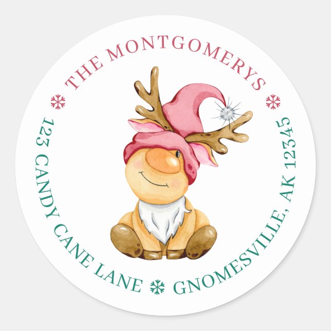 Adesivo Gnomo de Natal Cute Reindeer Endereço de Regresso (Frente)