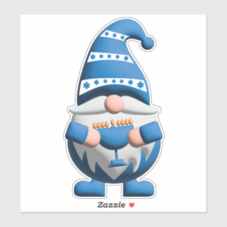Adesivo Gnomo do Hanukkah Azul Branco segurando Menorá