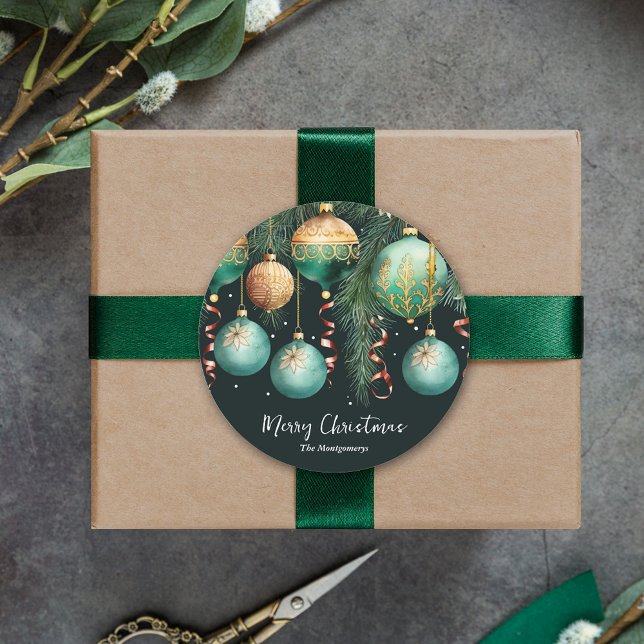 Adesivo Gold Baubles Christmas Tree (Gold and green Christmas tree Ornaments 3" round stickers)