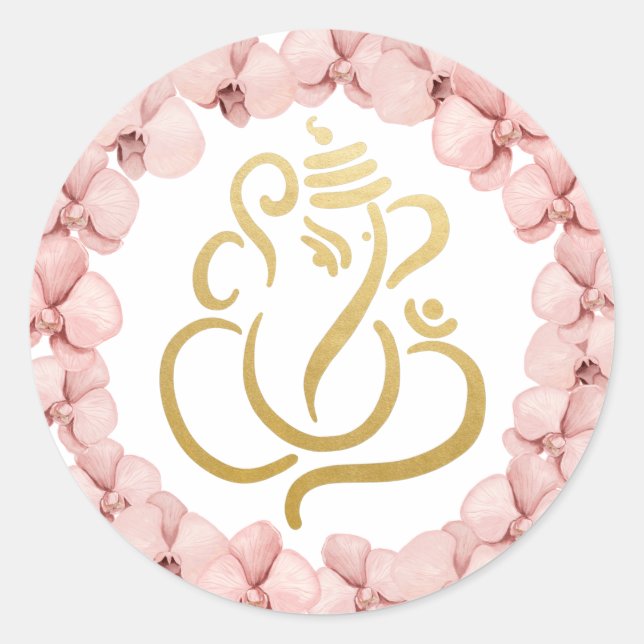 Adesivo Gold Festive Ganesh | Indian God Pink Orchids (Frente)