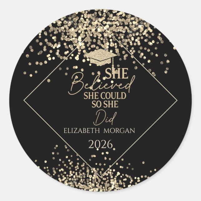 Adesivo Gold Glitter Grad Cap,Confetti She Believed (Frente)