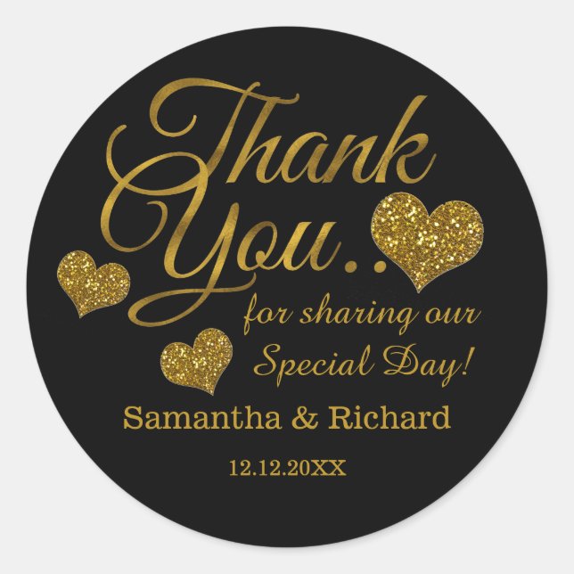 Adesivo Gold Glitter Heart Thank You Wedding Favor Black  (Frente)