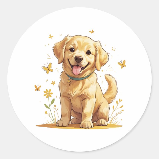 Adesivo Golden Retriever Puppy with Yellow Flowers (Frente)