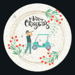 Adesivo Golf Christmas Gofer e carrinho com coroa de flore<br><div class="desc">Gofer de Natal de Golfe e carrinho com vinheta de flores</div>