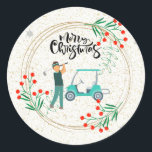 Adesivo Golf Christmas Gofer e carrinho com coroa de flore<br><div class="desc">Gofer de Natal de Golfe e carrinho com vinheta de flores</div>