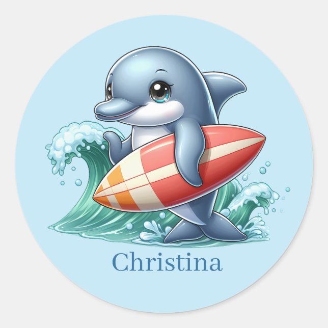 Adesivo Golfinho bonito adiciona nome surfando (Frente)