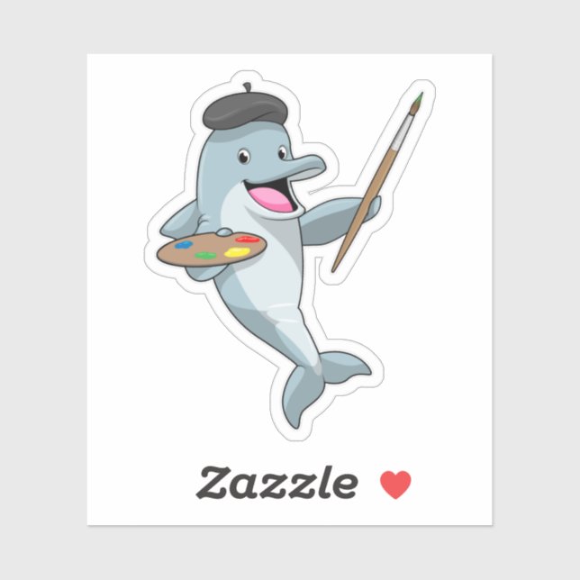 Adesivo Golfinho como Pintor com Pincel de Tinta e Cor (Folha)