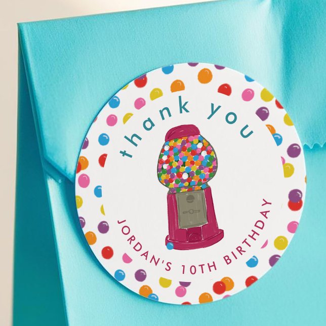 Adesivo Goma-Matilha Rosa Gumball Machine Candy Gum Obriga (Pink Gumball Machine Candy Bubble Gum Thank You Classic Round Sticker)