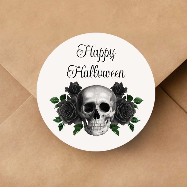 Adesivo Gothic Black Floral Skull Halloween (Gothic Black Floral Skull Halloween Classic Round Sticker)