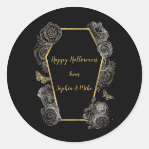 Adesivo Gótico Preto & Rosas Douradas Caixão Halloween