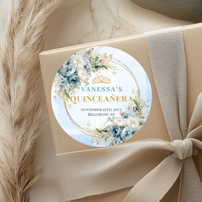 Adesivo Graceful Dusty Blue Gold Greenery Quinceañera  (Graceful Dusty Blue Gold Greenery Quinceañera Sticker

)