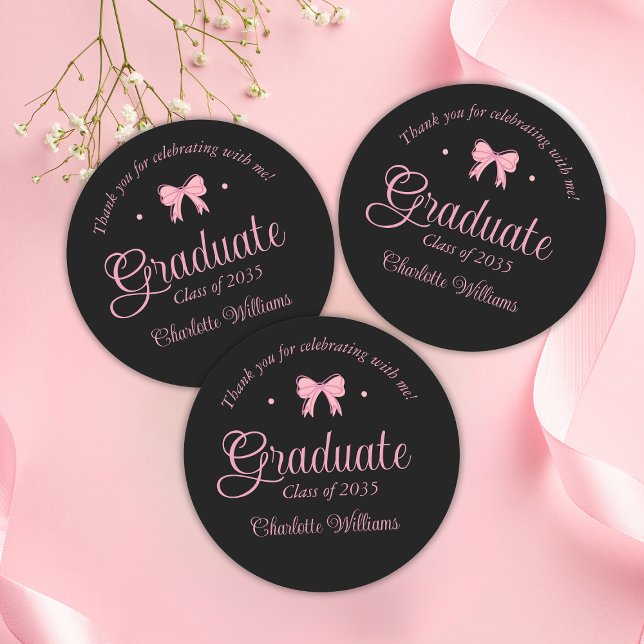 Adesivo Graduação De Arco Rosa Coquette Aestética Obrigado (Coquette Aesthetic Pink Bow Graduation Thank You Classic Round Sticker
)