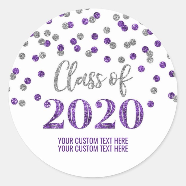 Adesivo Graduação de Confetti Glitter Prateado Roxo 2020 (Frente)