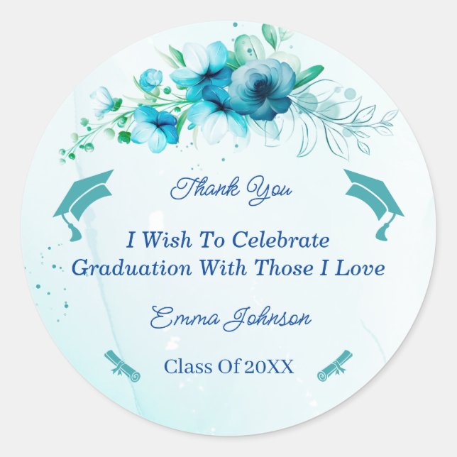 Adesivo Graduação de Flor Azul Elegante Personalizada (Frente)