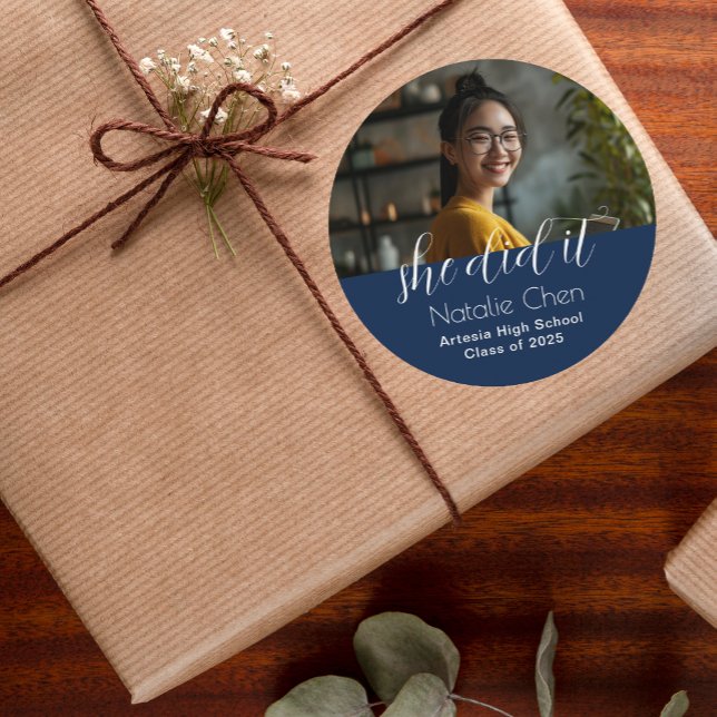 Adesivo Graduação de Foto Azul Elegante Moderna (Criador carregado)