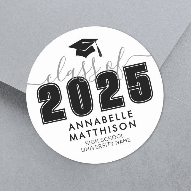 Adesivo Graduação em branco formando preto (Graduate Black White Graduation Classic Round Sticker)