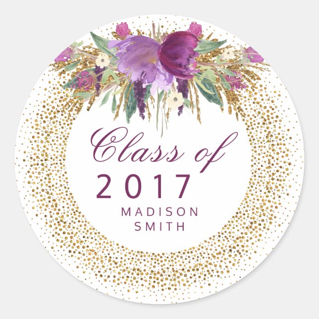 Adesivo Graduação Glitter Aquarela Flor Dourado Confetti (Frente)