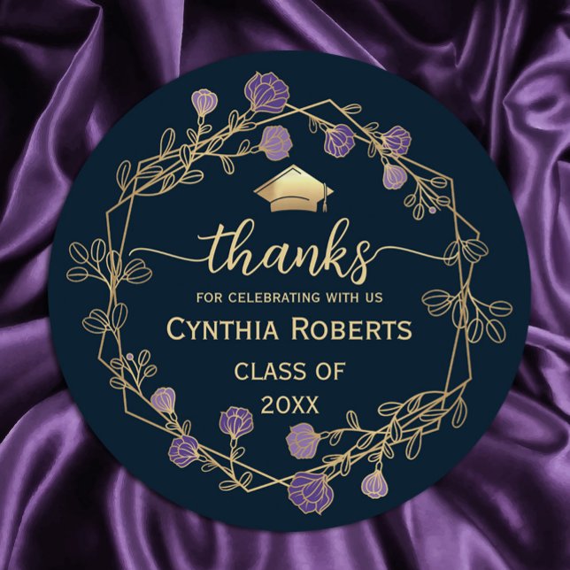 Adesivo Graduação Obrigado Marinho Azul Dourado Floral ("Golden gratitude blooms! 🎓✨ Our round frame purple and gold flower thank you stickers #glamour )