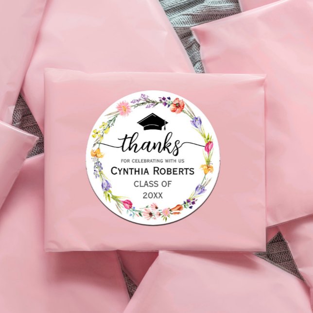 Adesivo Graduação Obrigado Primavera Wildflower (watercolor flowers in shades of pink and purple, yellow in rustic garden greenery. #graduationparty)