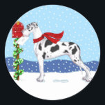 Adesivo Grande Dane Christmas Mail Harlequin UC<br><div class="desc">Natal com dinamarqueses de Danes-R-Us: Este Grande Dane passeia na neve para levar suas Cartões de natal para a caixa de correio vestindo seu cachecol vermelho de malha.</div>