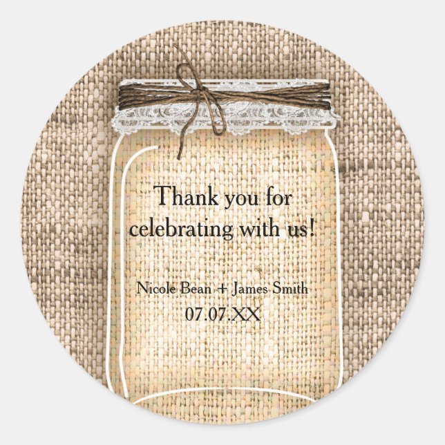 Adesivo Grande Mason Jar com Casamento Russo Burlap & Lace (Frente)