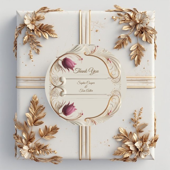 Adesivo Grandeza Barroca em Ouro Macio com Redemoinho Flor (Soft Gold Baroque Grandeur with Tulip Floral Swirl Classic Round Sticker)