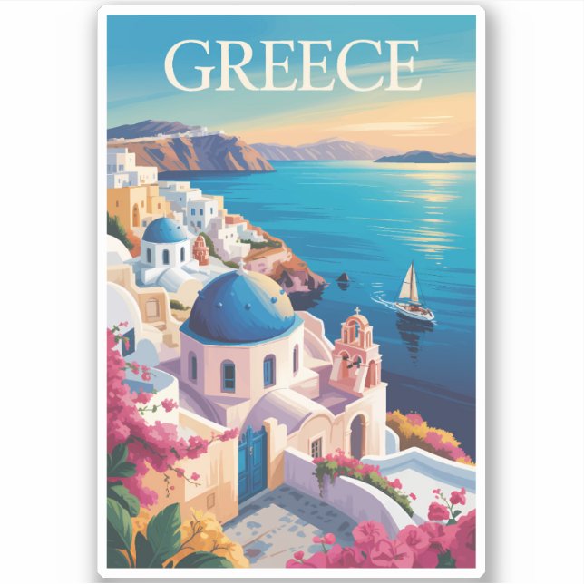 Adesivo Grécia Santorini Ilustração Viagem Art Vintage (Frente)