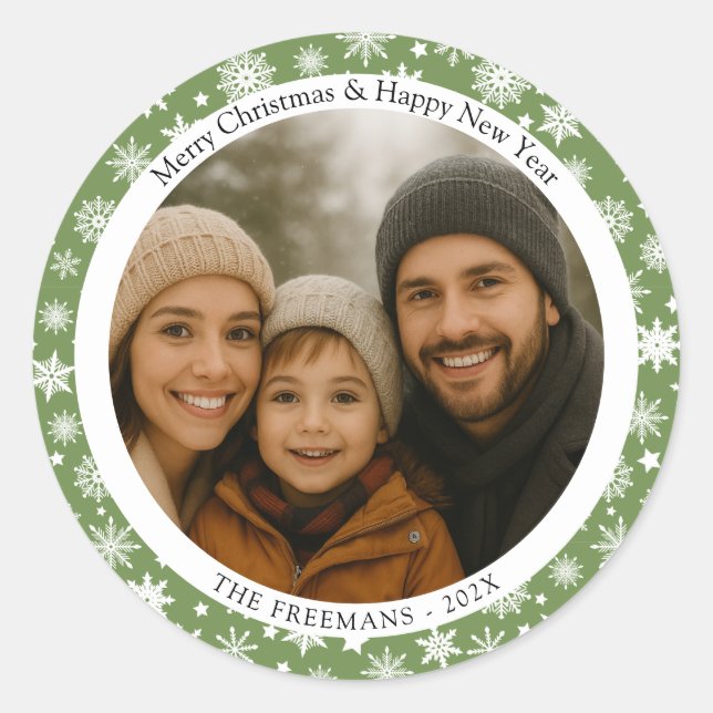 Adesivo Green and White Snowflakes Holiday Photo (Frente)