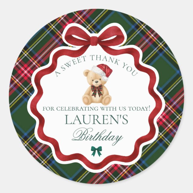 Adesivo Green Tartan Plaid Christmas Bear Birthday Favor (Frente)