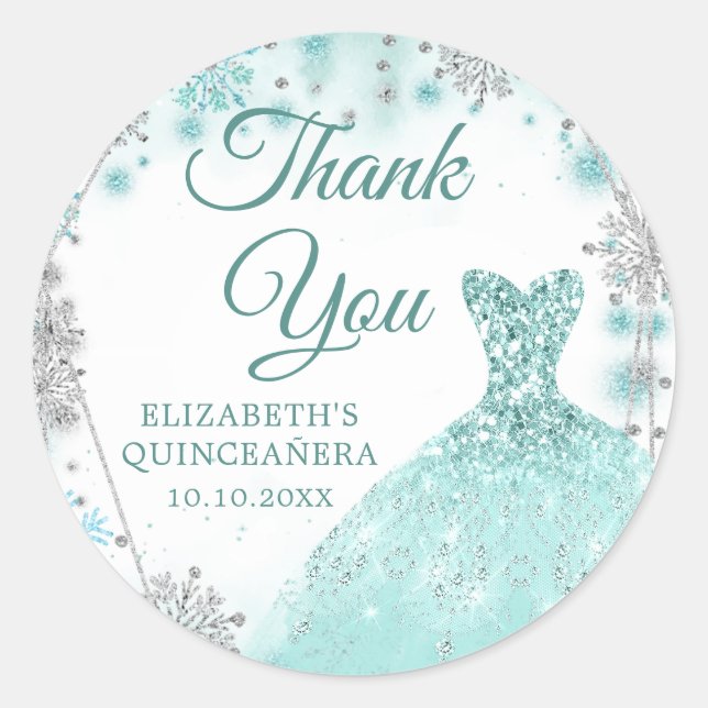 Adesivo Green Teal Silver Wintere Quinceañera Obrigado (Frente)