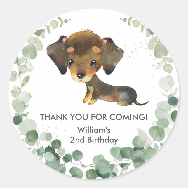 Adesivo Greenery Cute Dachshund Puppy Dog Aniversário Favo (Frente)