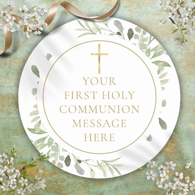 Adesivo Greenery Dourado Primeira Sagrada Mensagem de Comu (Greenery Gold First Holy Communion Message Classic Round Sticker)