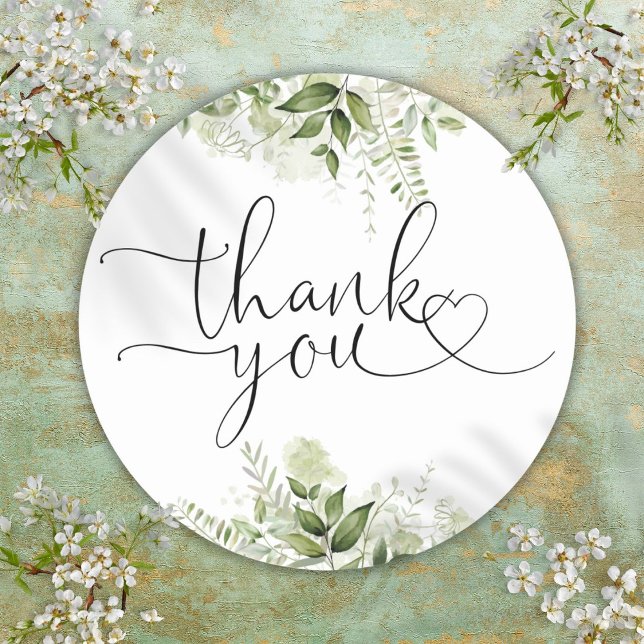 Adesivo Greenery Floral Heart Script Obrigado (Greenery Floral Heart Script Thank You Classic Round Sticker)