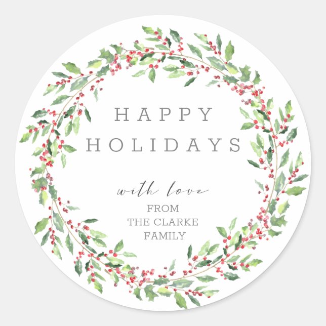 Adesivo Greenery Holly Wreath Happy Holidays Sticker (Frente)