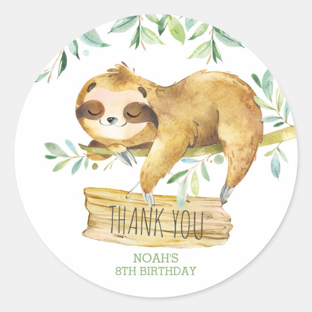 Adesivo Greenery Sloth Aniversário Chá de fraldas Favor (Frente)