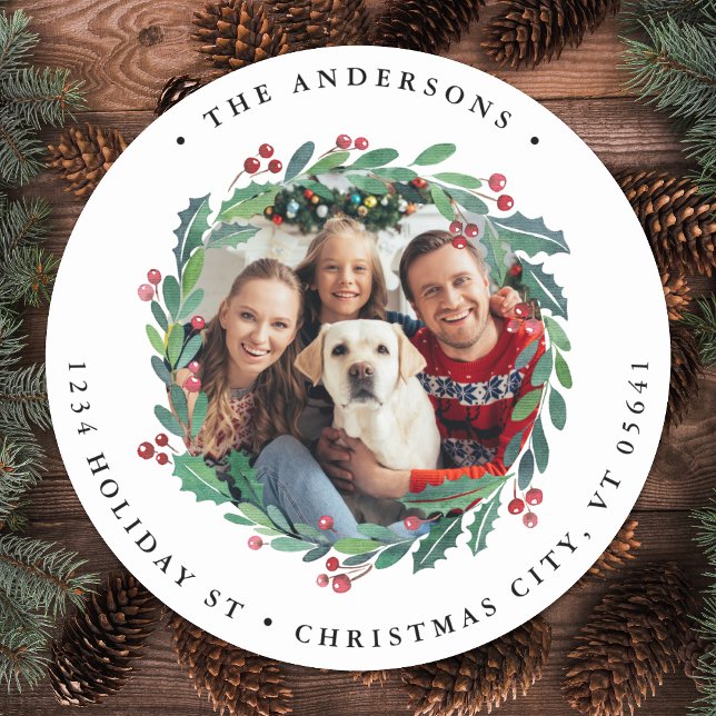 Adesivo Greenery Wreath Photo Holiday Endereço de Devoluçã (Criador carregado)