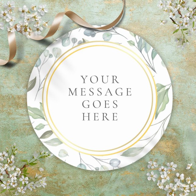 Adesivo Grinalda de Louro Elegante com Mensagem em Folha d (Elegant Laurel Garland Faux Gold Foil Message Classic Round Sticker)